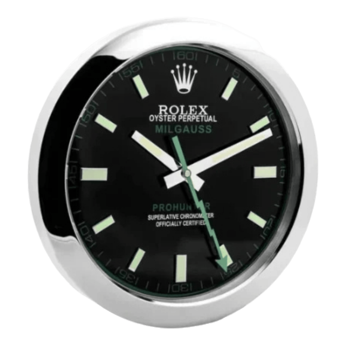 ミルガウス スタイル 高級壁掛け時計 - シルバー・ブラック＆グリーン - Primeclocks