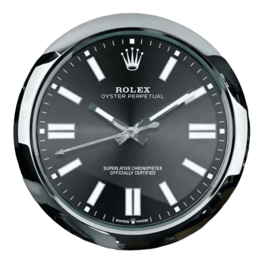 オイスター・パーペチュアル スタイル 高級壁掛け時計 - シルバー＆ブラック - Primeclocks