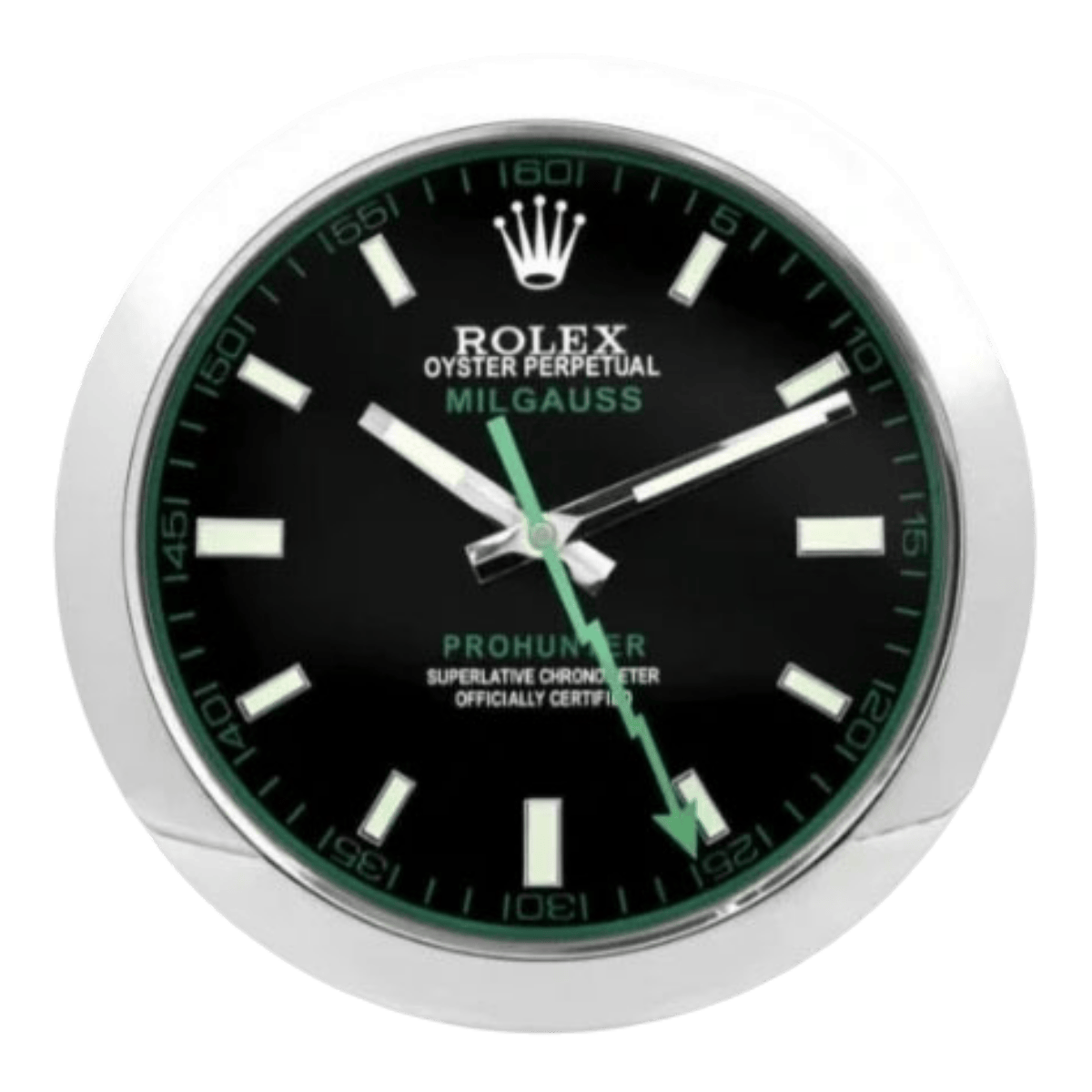 ミルガウス スタイル 高級壁掛け時計 - シルバー・ブラック＆グリーン - Primeclocks