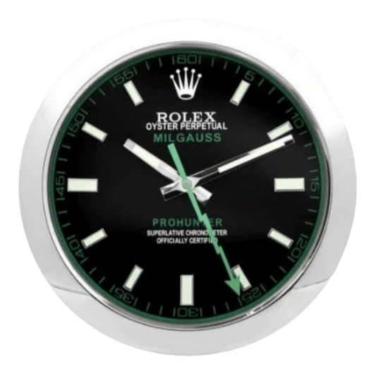 ミルガウス スタイル 高級壁掛け時計 - シルバー・ブラック＆グリーン - Primeclocks